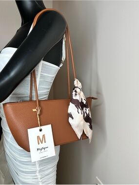 Mystique Boutique Cognac Pebbled Leather Shoulder Bag with Scarf
